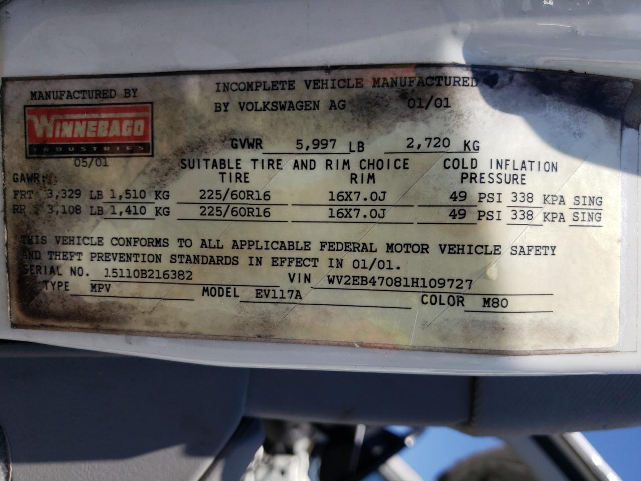 WV2EB47081H109727 2001 Volkswagen Eurovan Camper