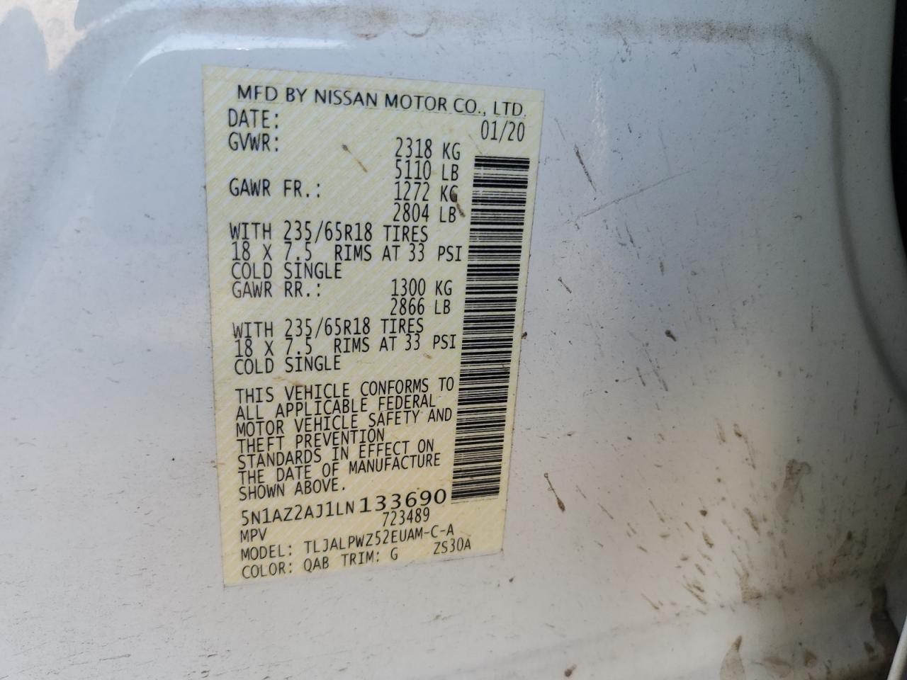 5N1AZ2AJ1LN133690 2020 Nissan Murano S