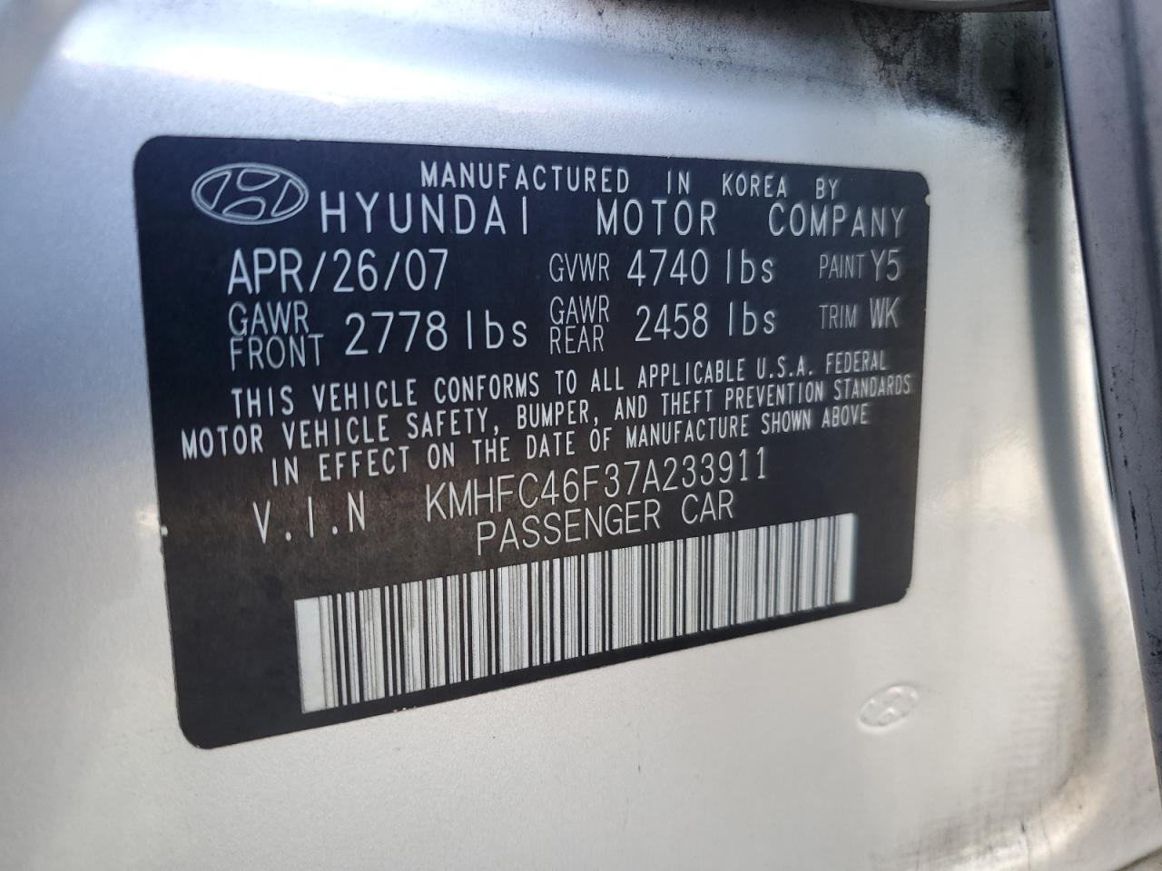 KMHFC46F37A233911 2007 Hyundai Azera Se