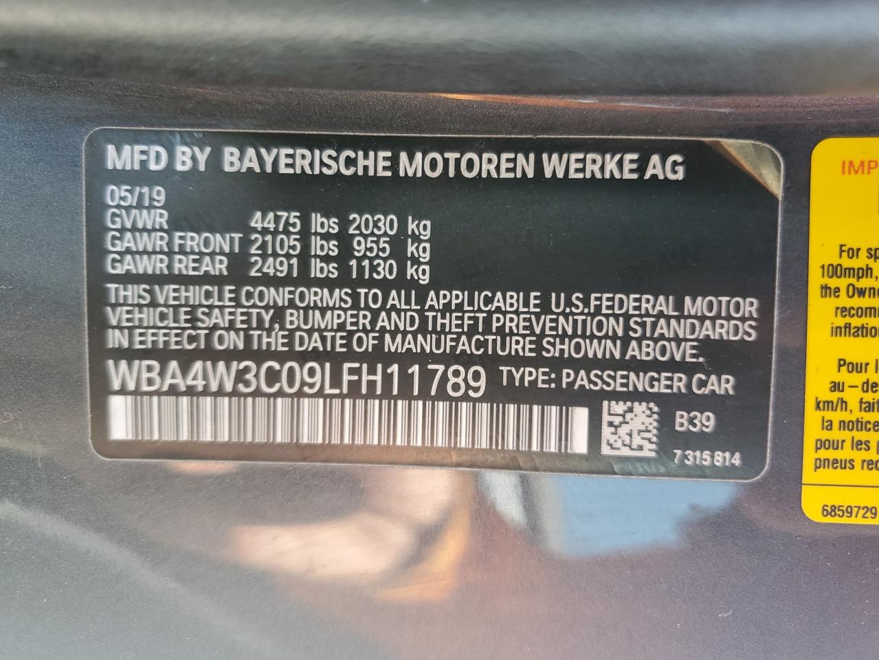 2020 BMW 430I vin: WBA4W3C09LFH11789