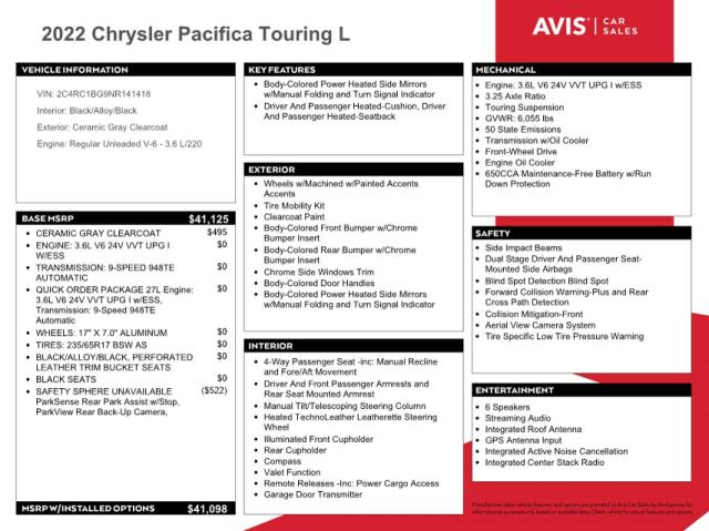 2022 CHRYSLER PACIFICA T - 2C4RC1BG9NR141418
