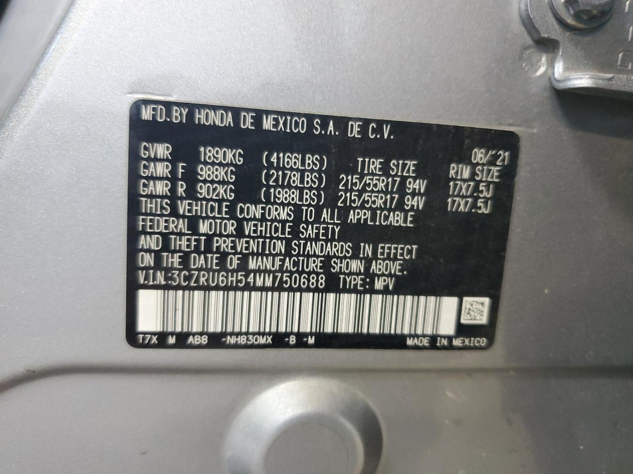 3CZRU6H54MM750688 2021 Honda Hr-V Ex