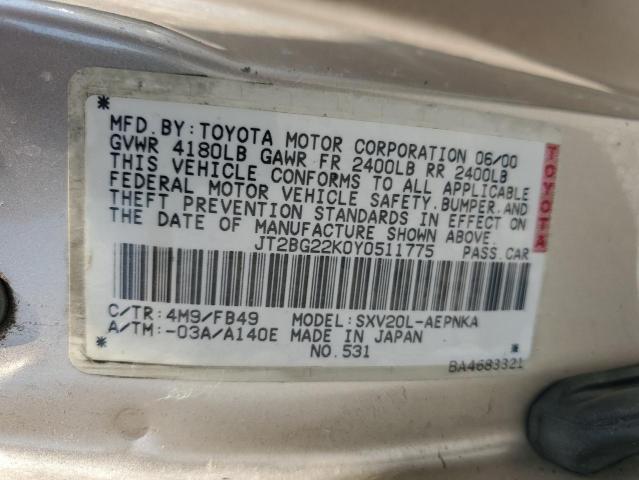 2000 Toyota Camry Ce VIN: JT2BG22K0Y0511775 Lot: 62715244