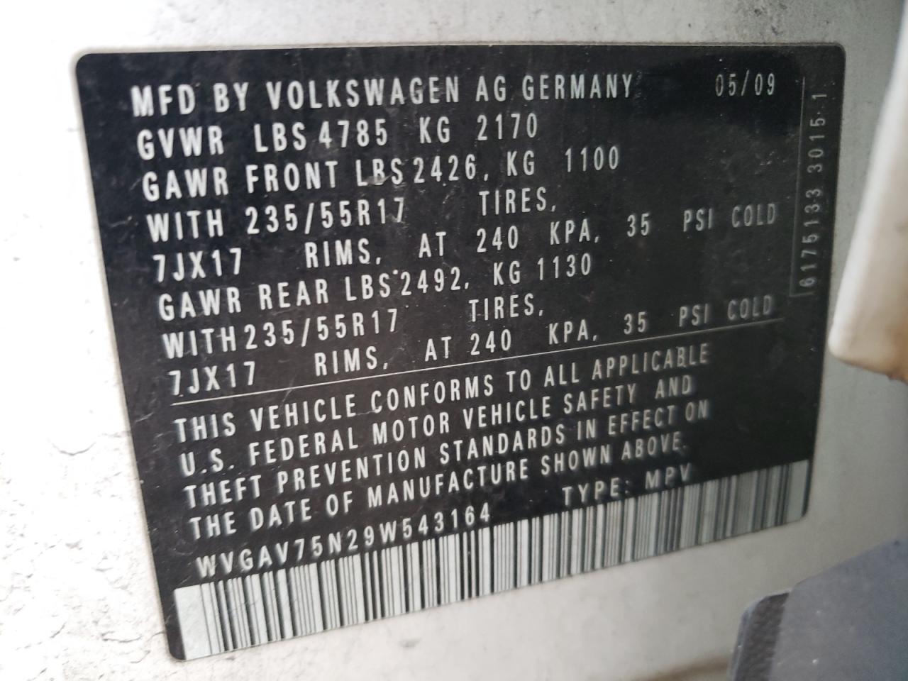 WVGAV75N29W543164 2009 Volkswagen Tiguan S