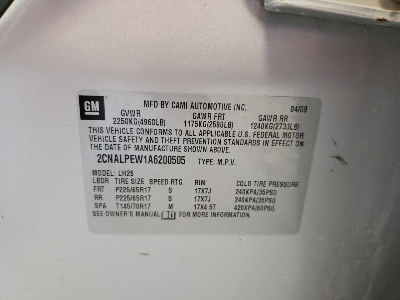 2CNALPEW1A6200505 2010 Chevrolet Equinox Lt