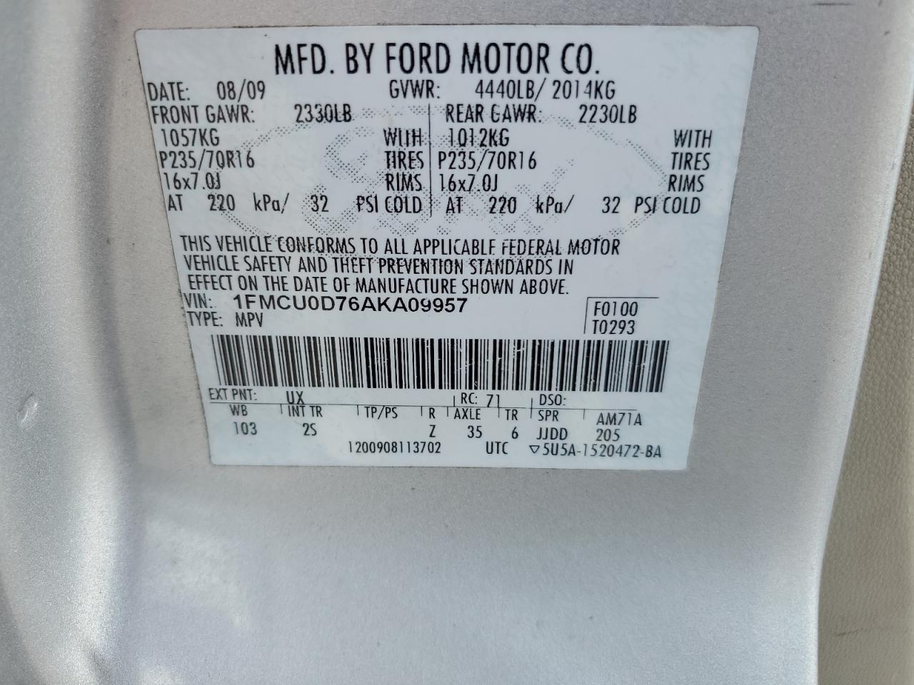 1FMCU0D76AKA09957 2010 Ford Escape Xlt