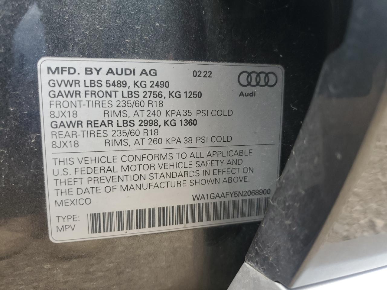 WA1GAAFY5N2068900 2022 Audi Q5 Premium 45