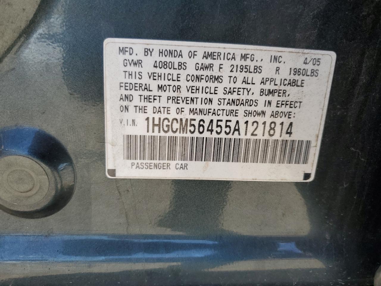 1HGCM56455A121814 2005 Honda Accord Lx