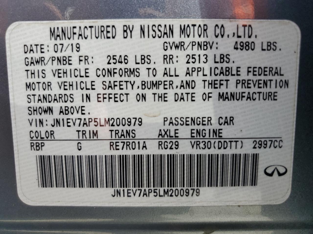 JN1EV7AP5LM200979 2020 Infiniti Q50 Pure