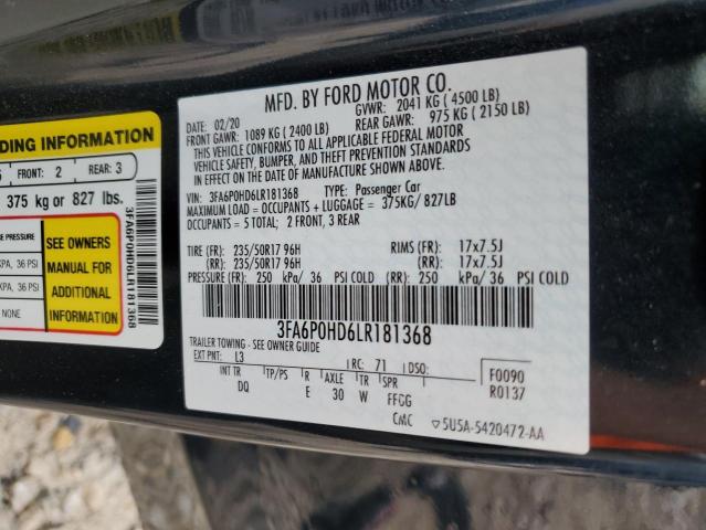 VIN 3FA6P0HD6LR181368 2020 Ford Fusion, SE no.12