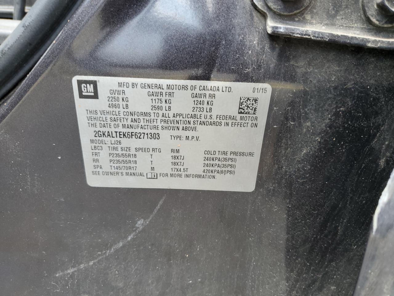 2GKALTEK6F6271303 2015 GMC Terrain Slt