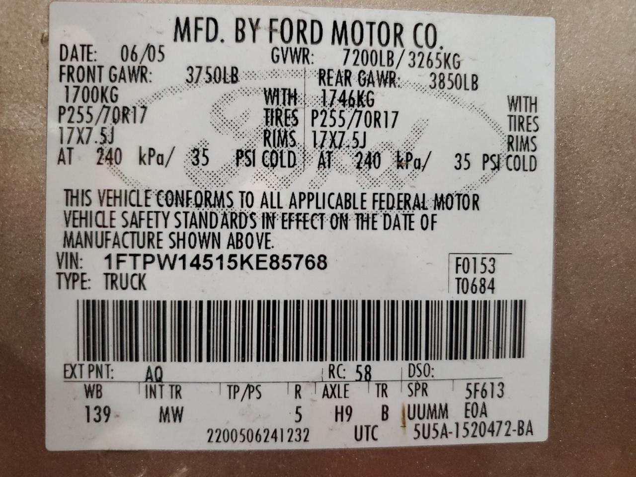 1FTPW14515KE85768 2005 Ford F150 Supercrew