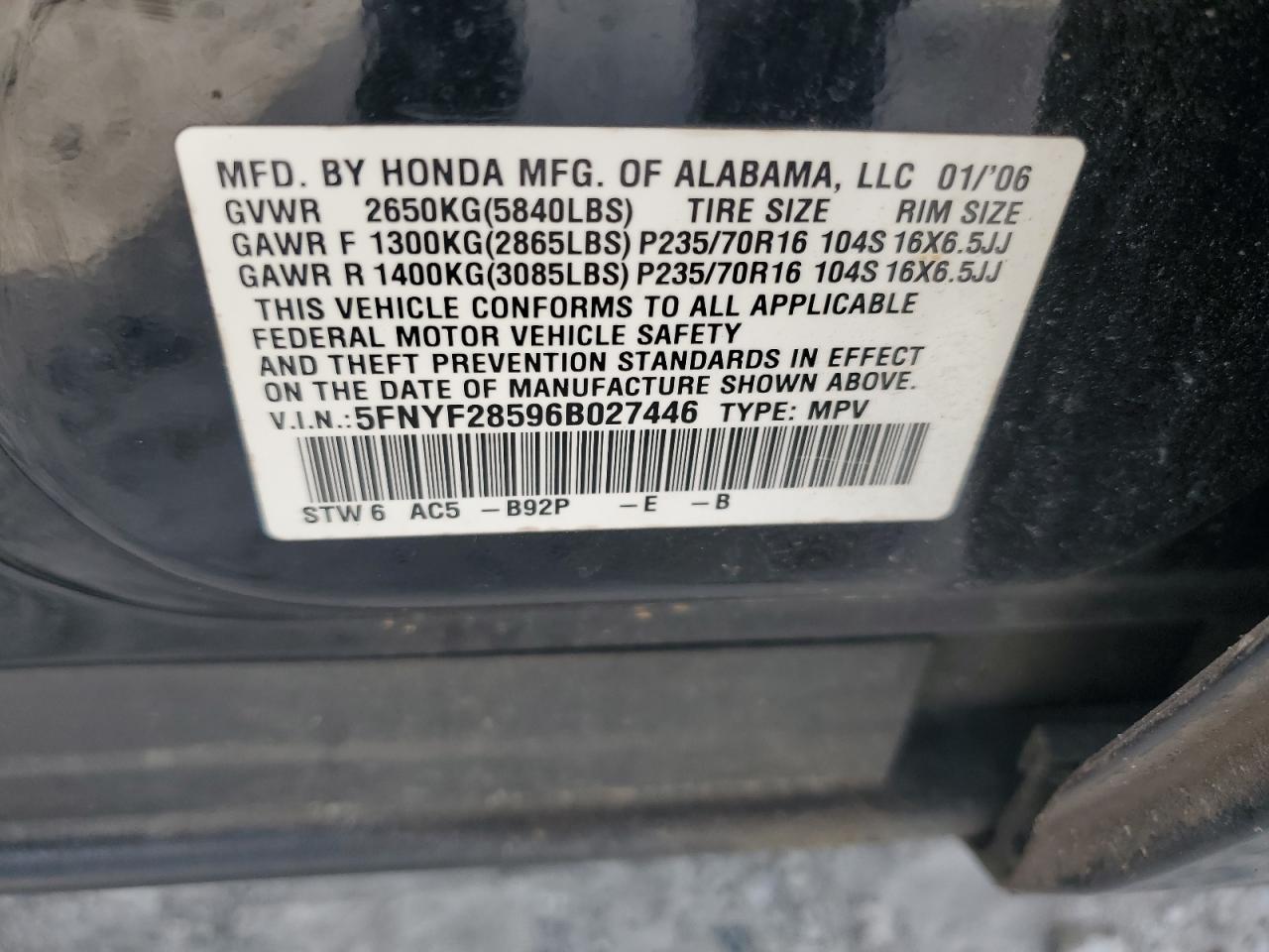 5FNYF28596B027446 2006 Honda Pilot Ex