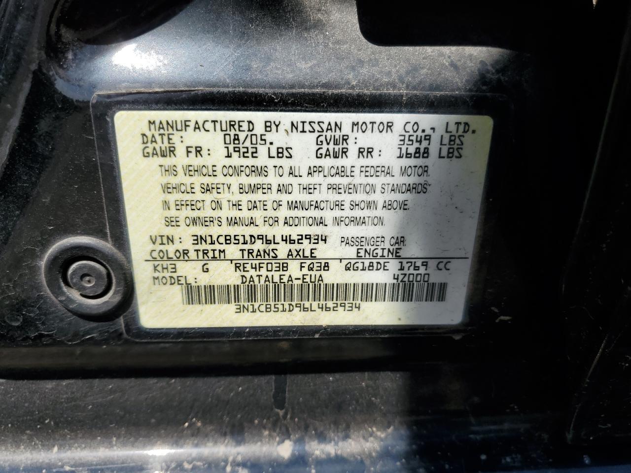 3N1CB51D96L462934 2006 Nissan Sentra 1.8