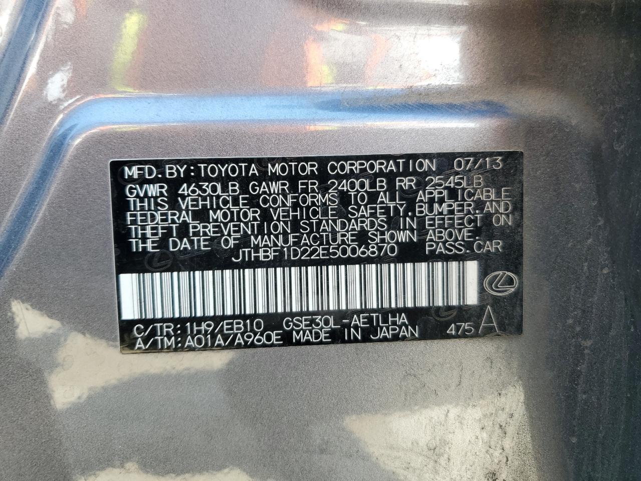 JTHBF1D22E5006870 2014 Lexus Is 250