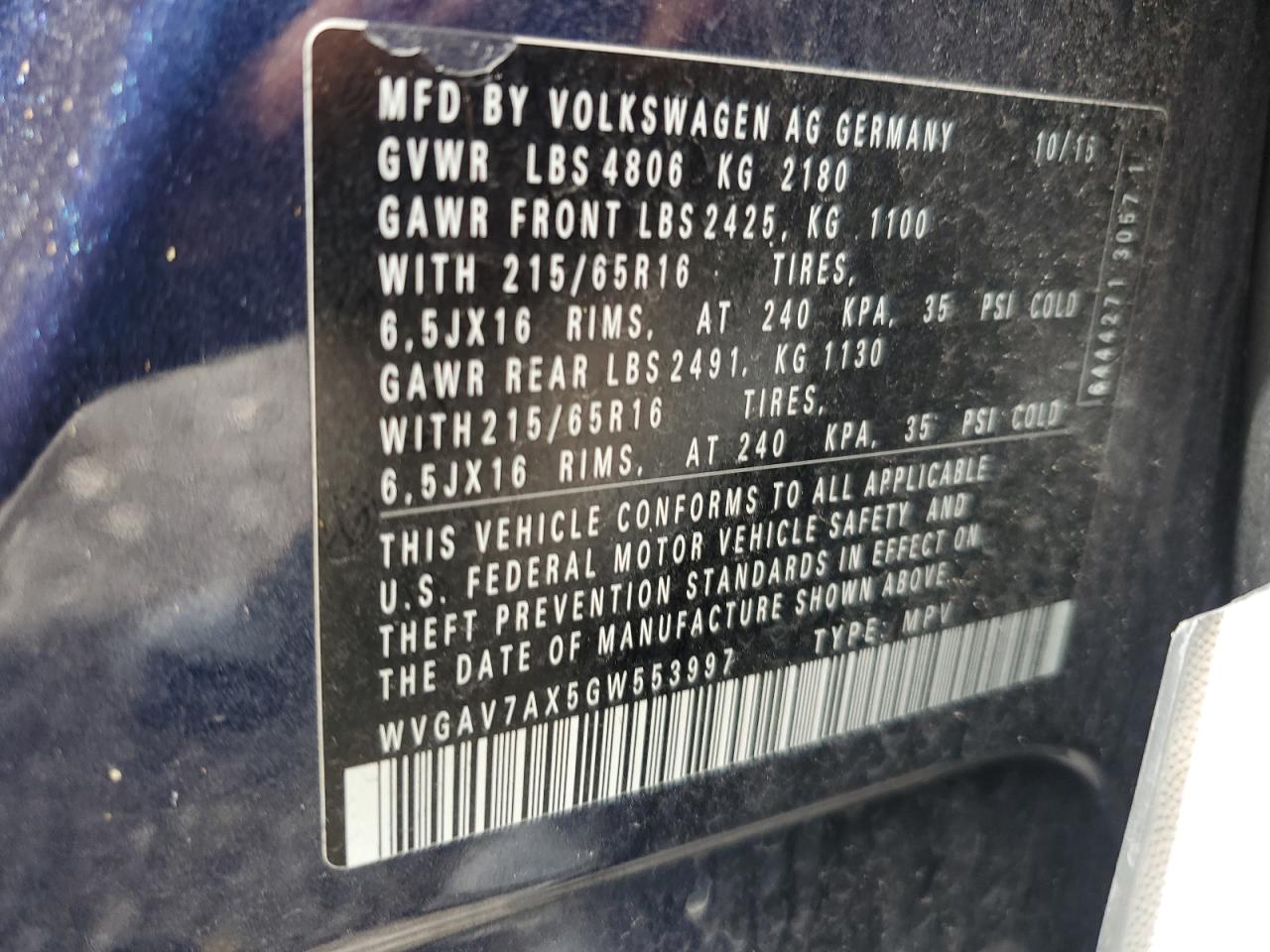 WVGAV7AX5GW553997 2016 Volkswagen Tiguan S