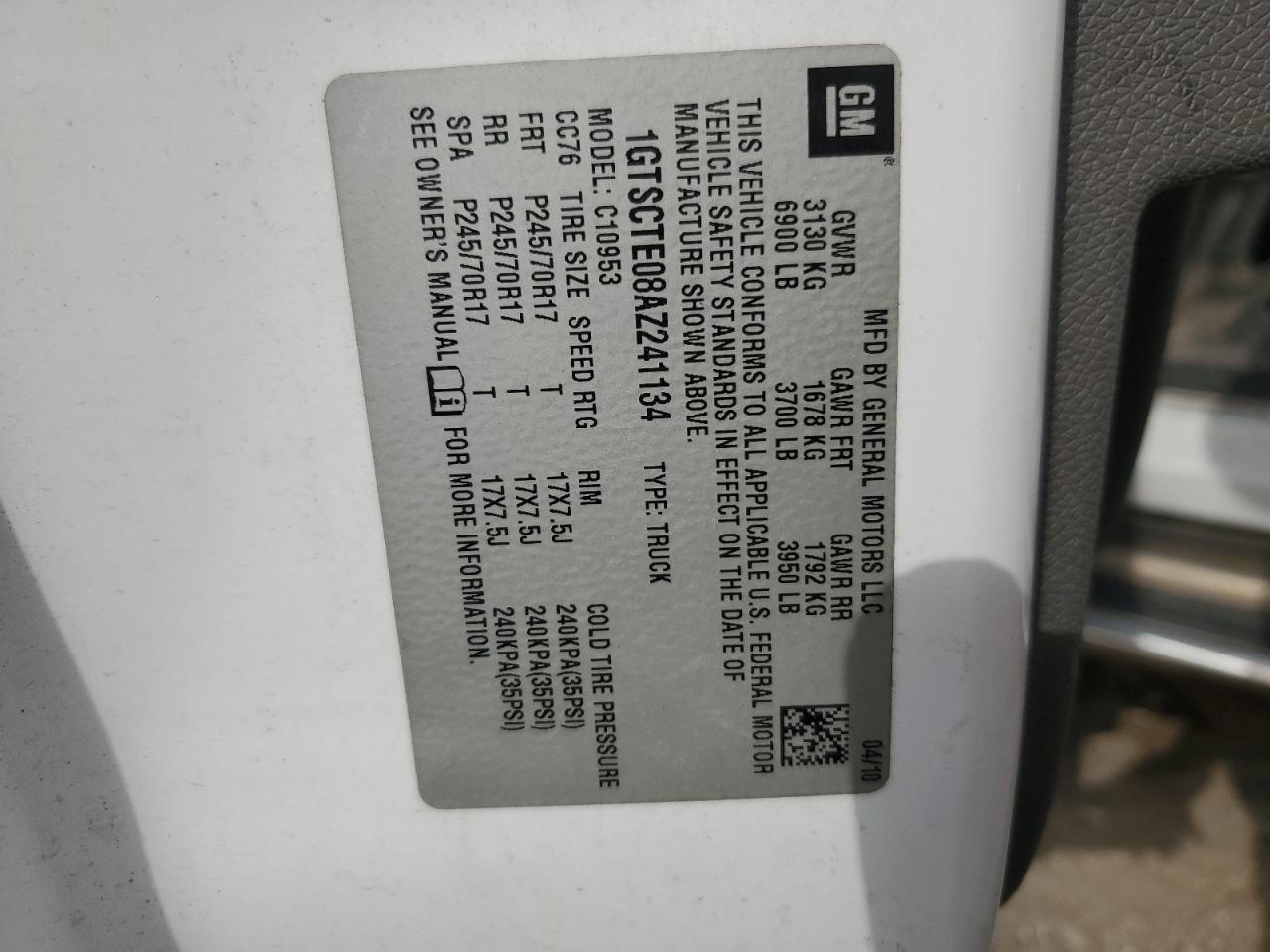 1GTSCTE08AZ241134 2010 GMC Sierra C1500