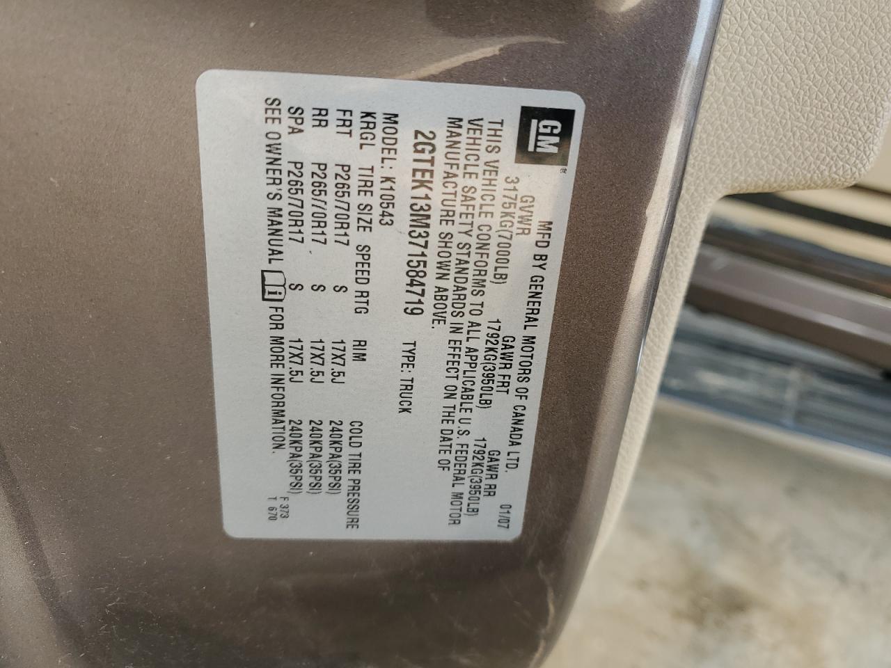 2GTEK13M371584719 2007 GMC New Sierra K1500