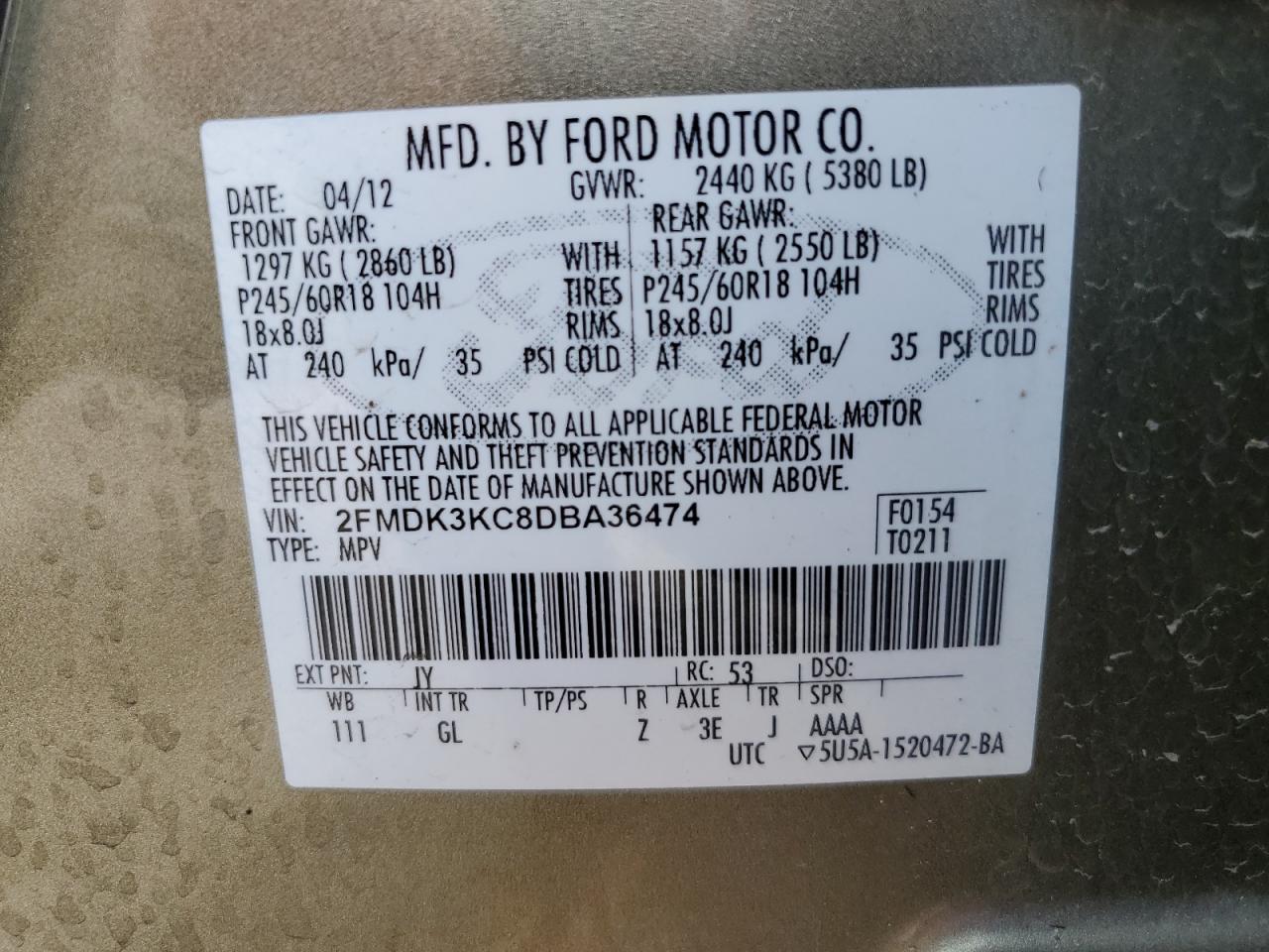 2FMDK3KC8DBA36474 2013 Ford Edge Limited