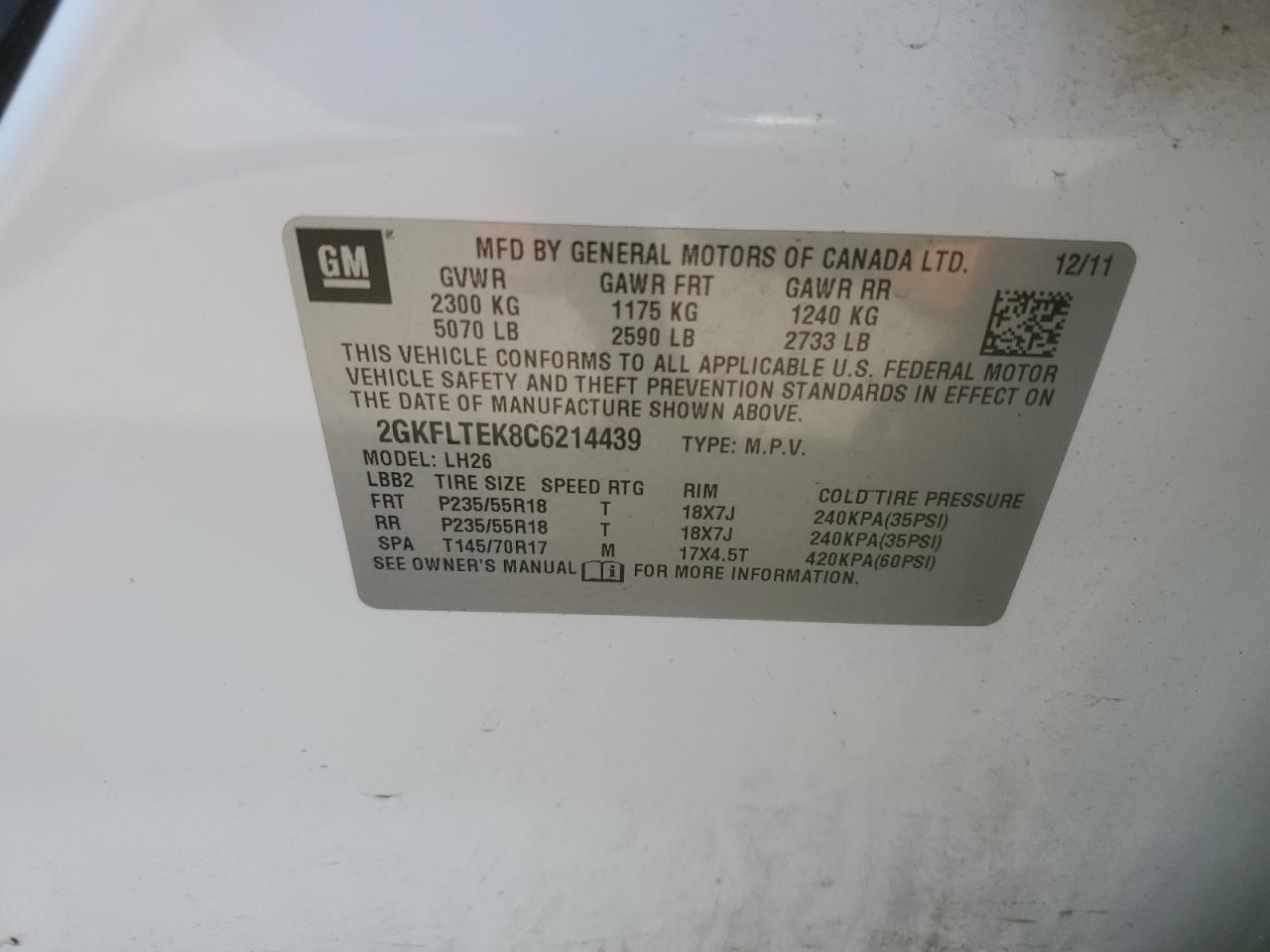 2GKFLTEK8C6214439 2012 GMC Terrain Sle