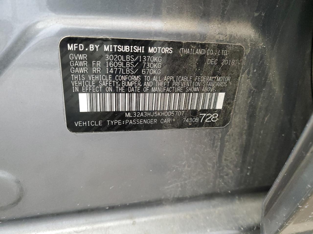 ML32A3HJ5KH005707 2019 Mitsubishi Mirage Es