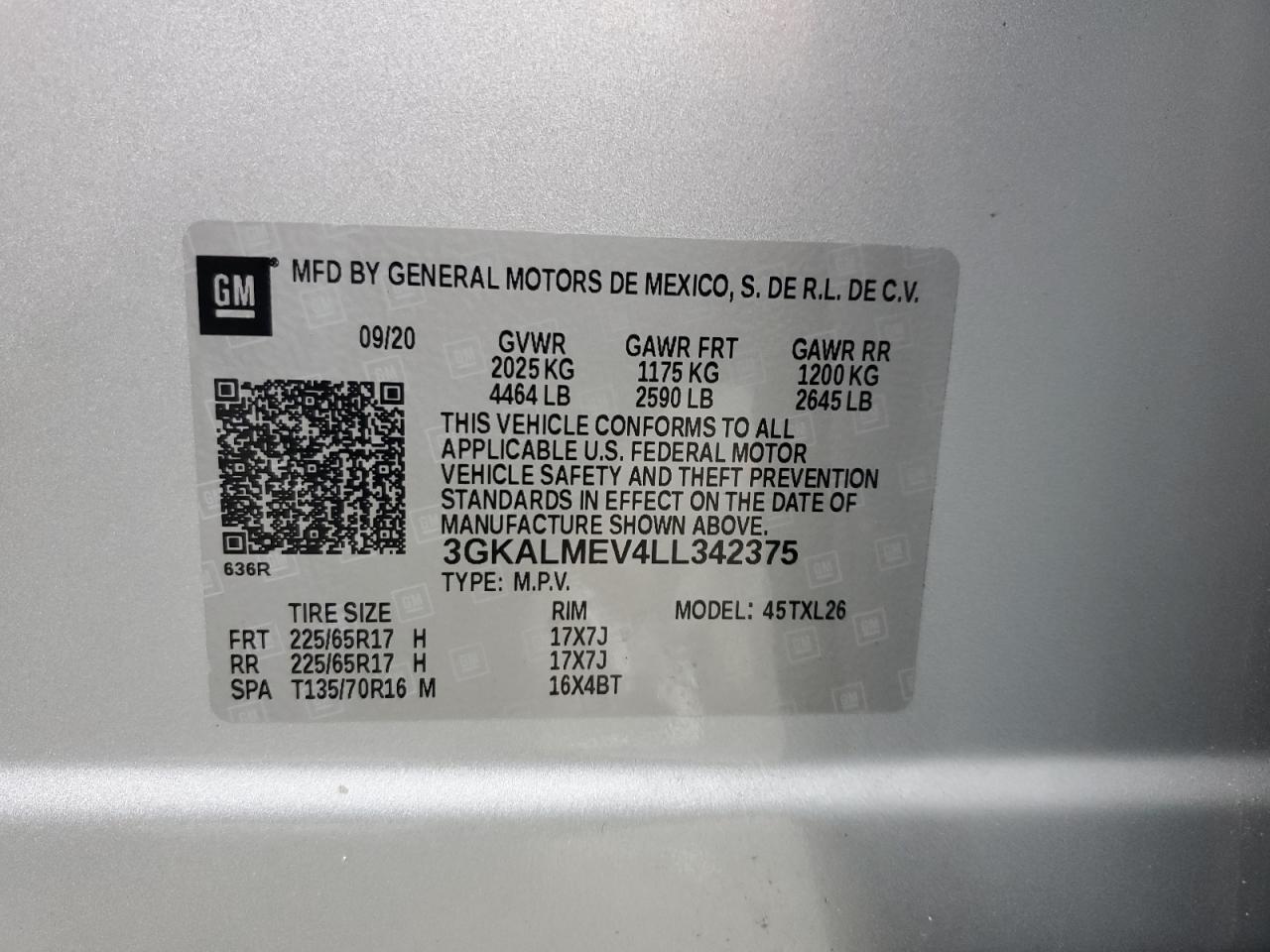 3GKALMEV4LL342375 2020 GMC Terrain Sle