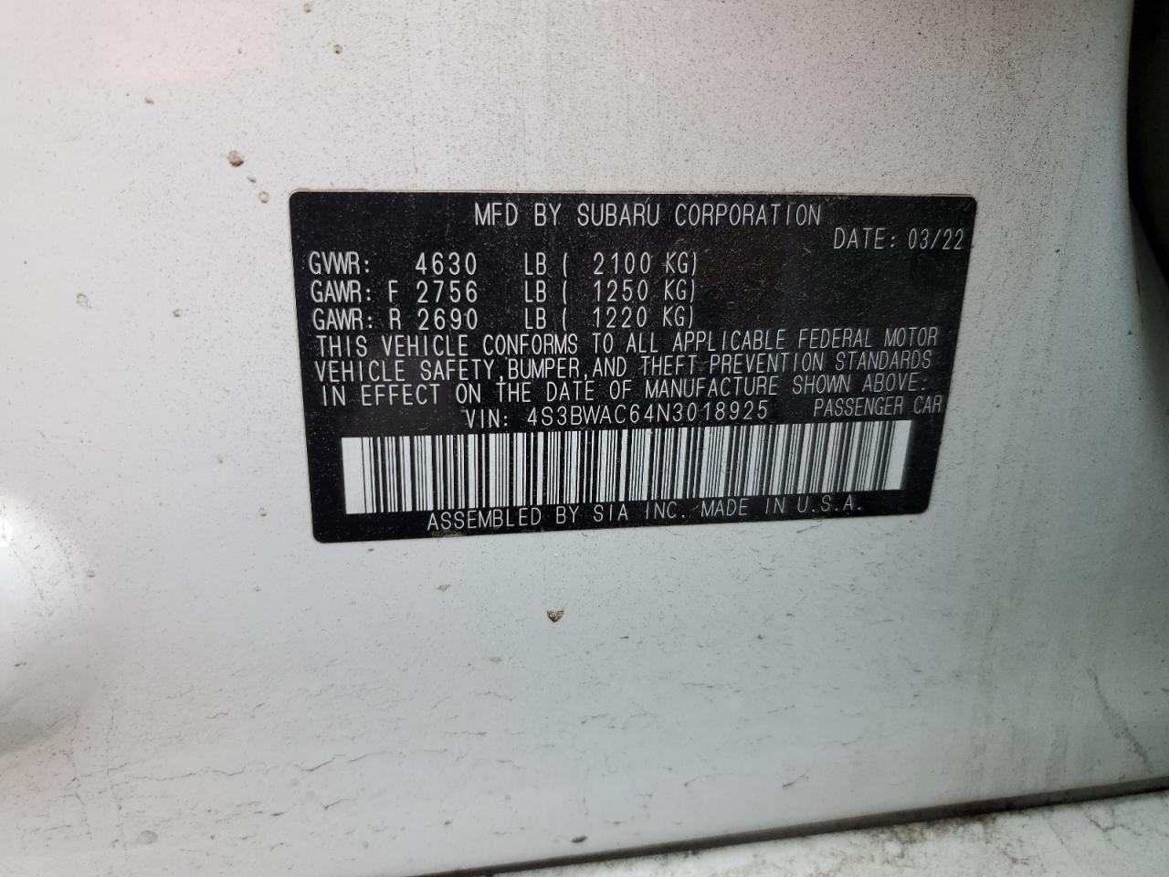 4S3BWAC64N3018925 2022 Subaru Legacy Premium