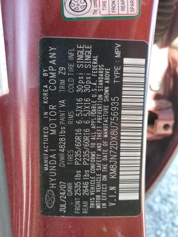 2008 Hyundai Tucson Se VIN: KM8JN72DX8U756935 Lot: 62307464