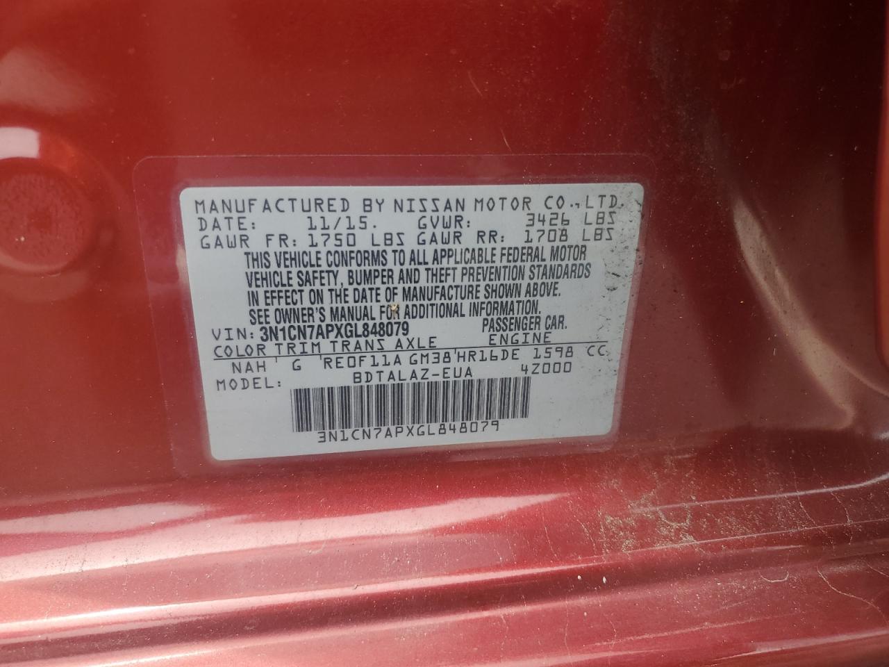 3N1CN7APXGL848079 2016 Nissan Versa S