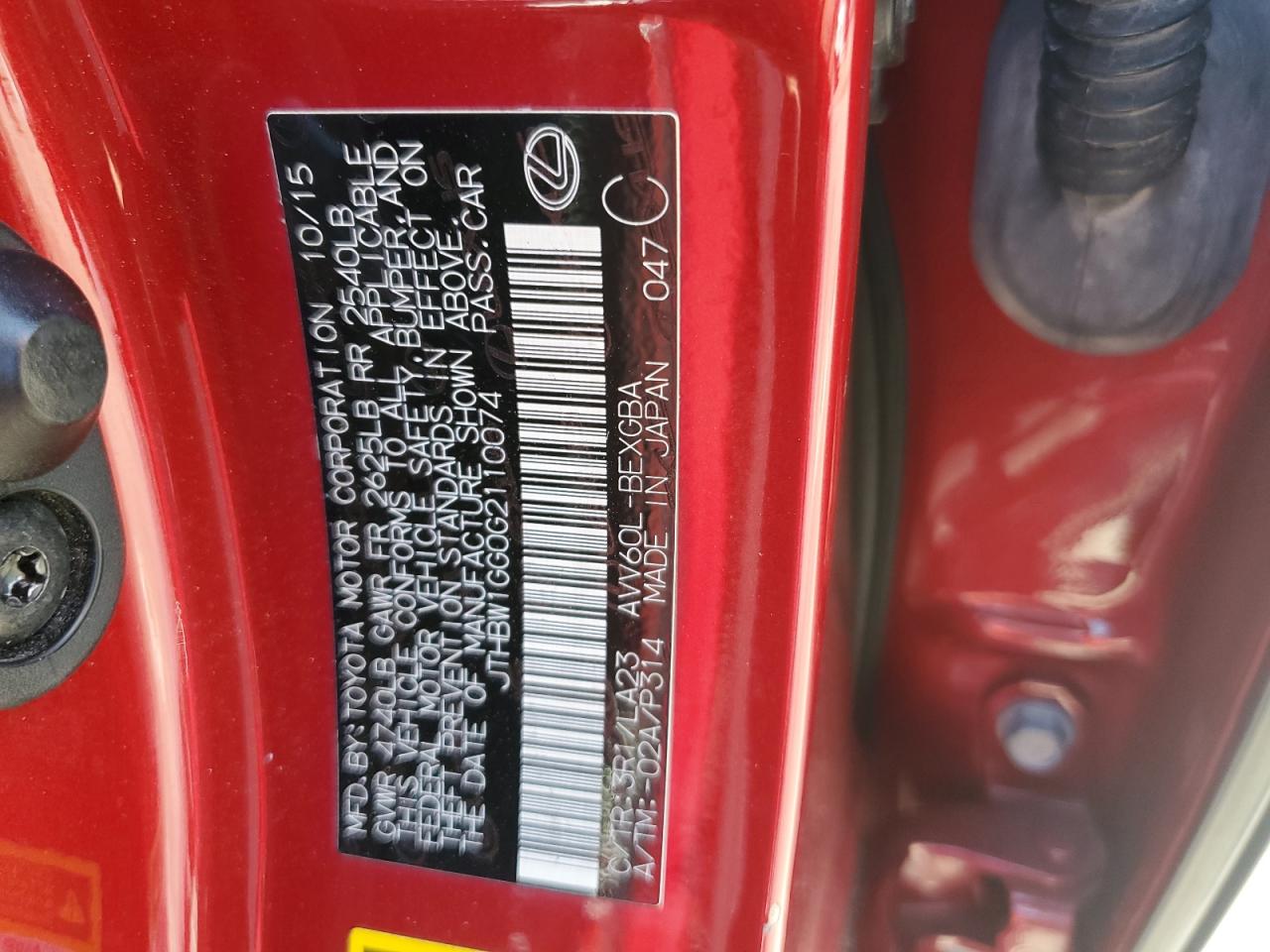 JTHBW1GG0G2110074 2016 Lexus Es 300H