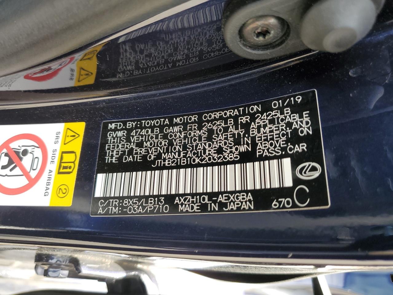 JTHB21B10K2032385 2019 Lexus Es 300H