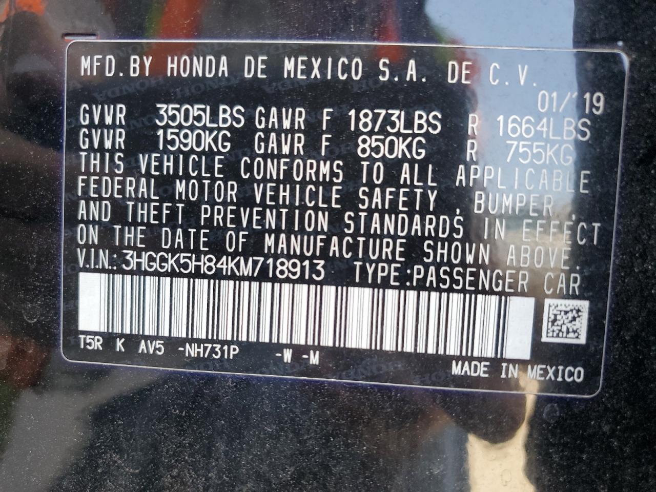 3HGGK5H84KM718913 2019 Honda Fit Ex