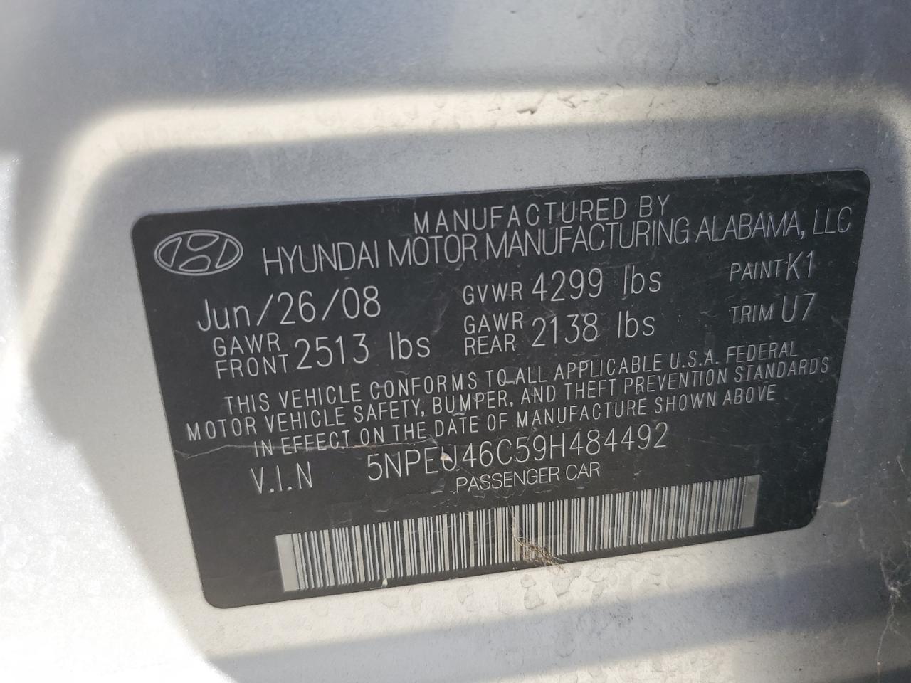 5NPEU46C59H484492 2009 Hyundai Sonata Se