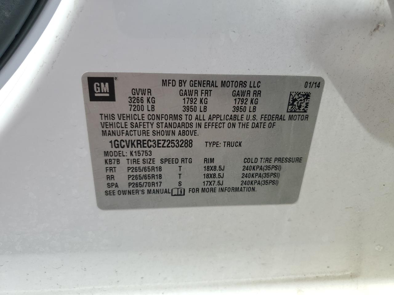 1GCVKREC3EZ253288 2014 Chevrolet Silverado K1500 Lt