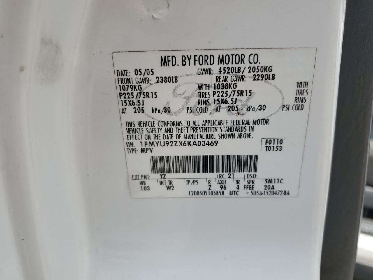 1FMYU92ZX6KA03469 2006 Ford Escape Xls