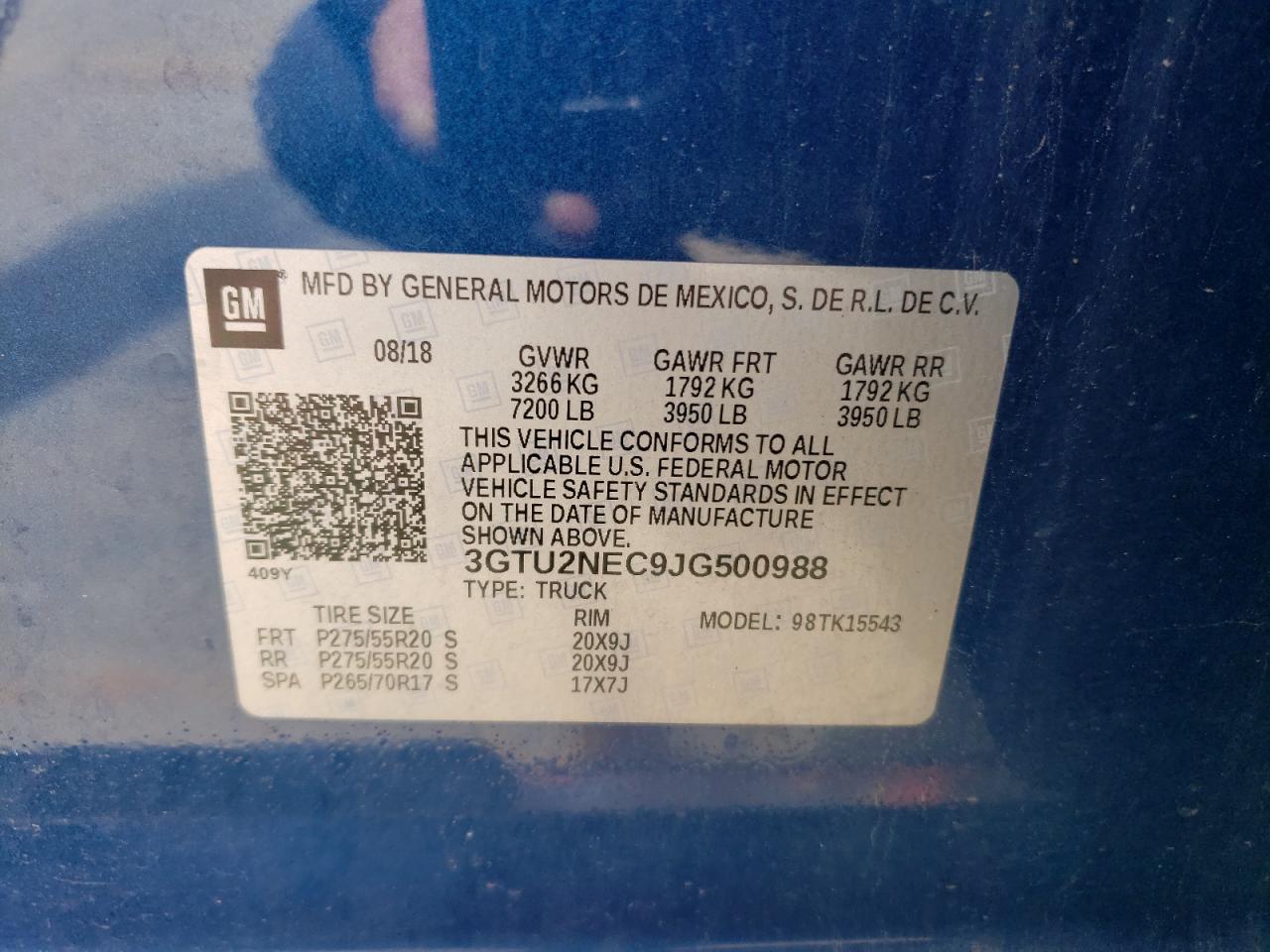3GTU2NEC9JG500988 2018 GMC Sierra K1500 Slt