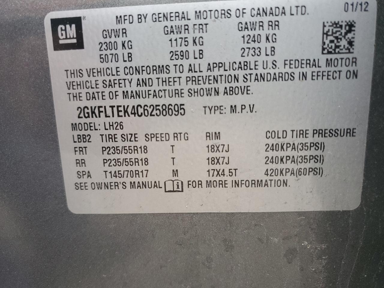 2GKFLTEK4C6258695 2012 GMC Terrain Sle