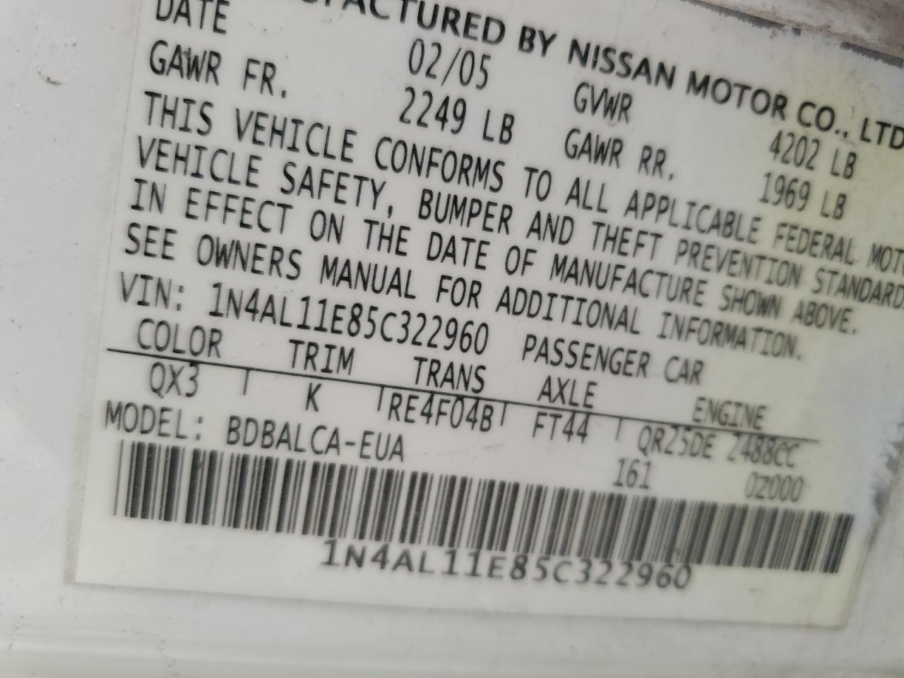 1N4AL11E85C322960 2005 Nissan Altima S