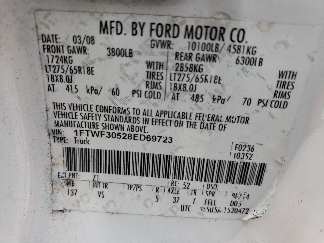 1FTWF30528ED69723 2008 Ford F350 Srw Super Duty