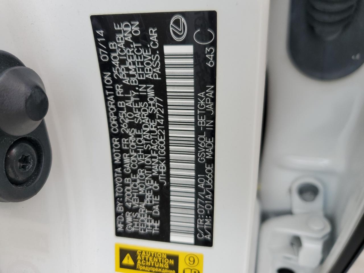 JTHBK1GG0E2147277 2014 Lexus Es 350