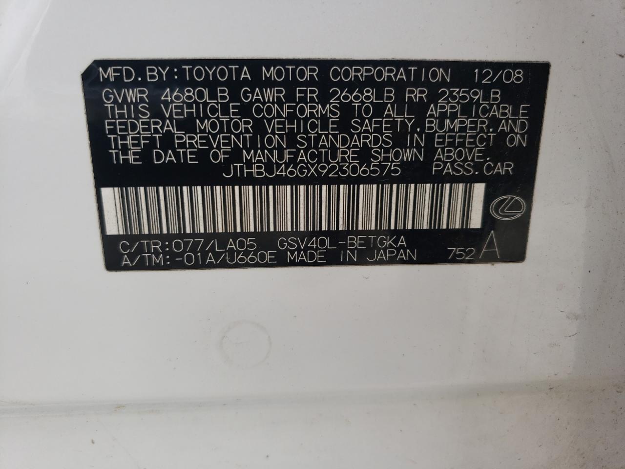 JTHBJ46GX92306575 2009 Lexus Es 350