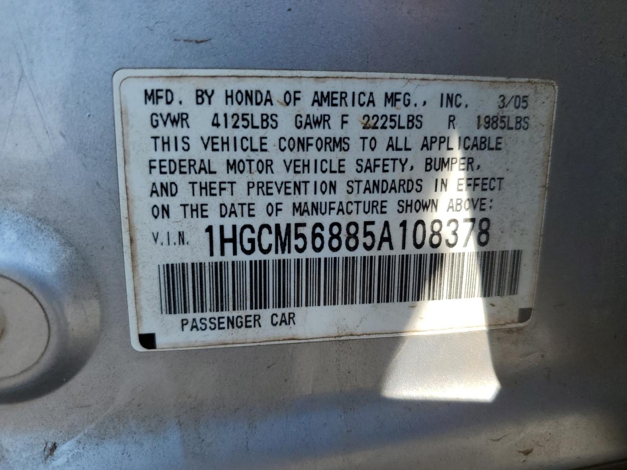 1HGCM56885A108378 2005 Honda Accord Ex