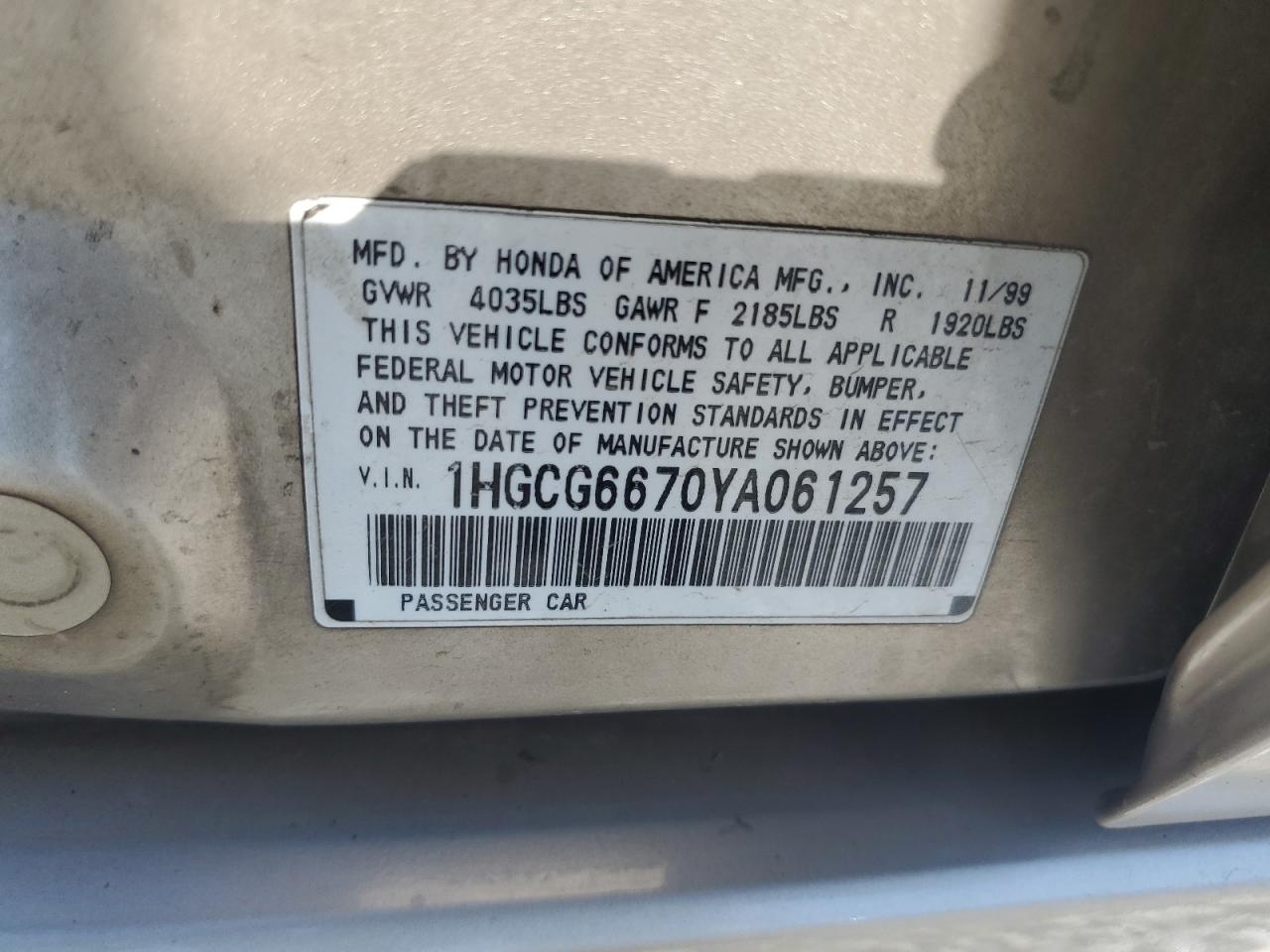 1HGCG6670YA061257 2000 Honda Accord Ex