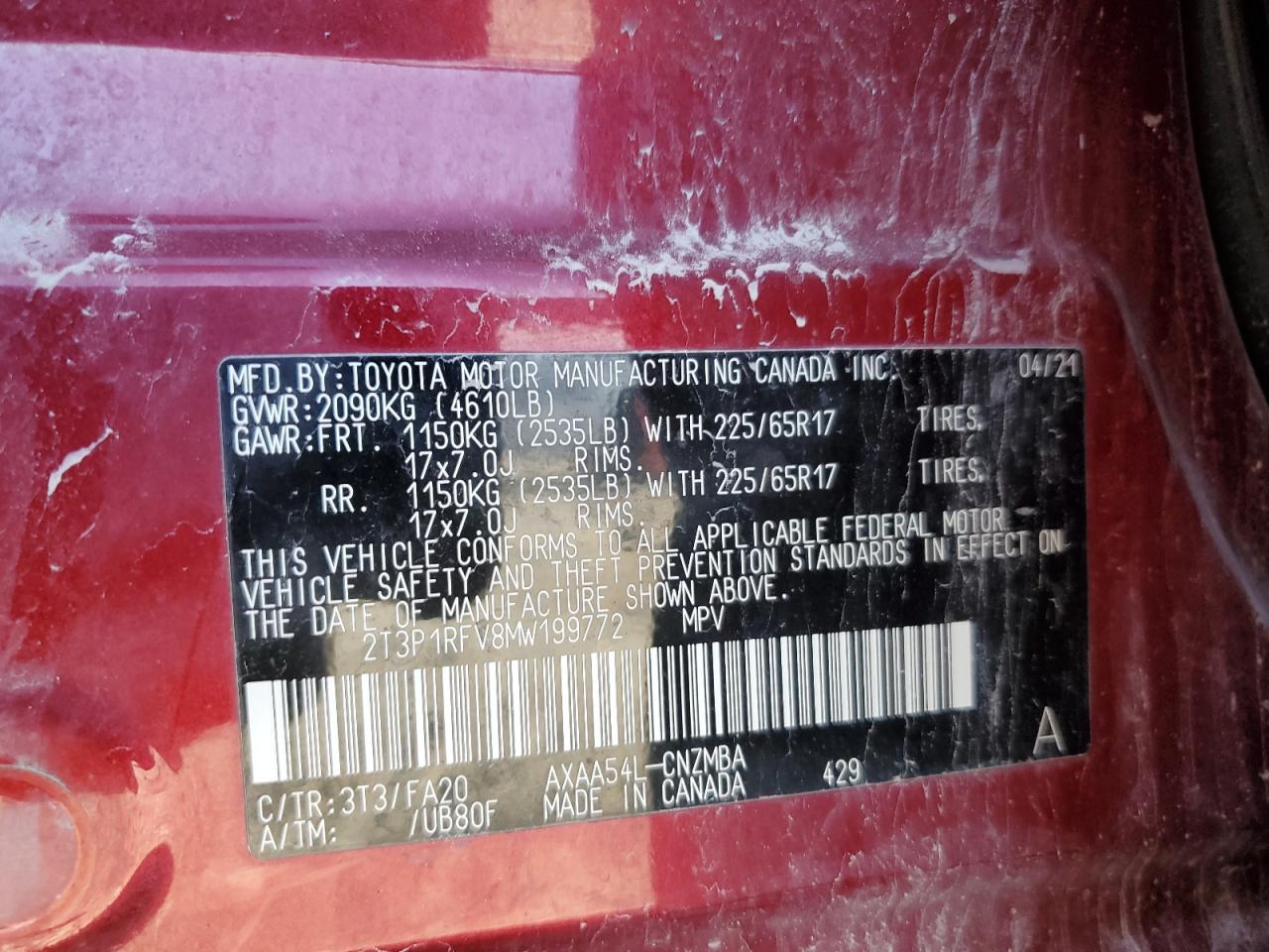 2T3P1RFV8MW199772 2021 Toyota Rav4 Xle