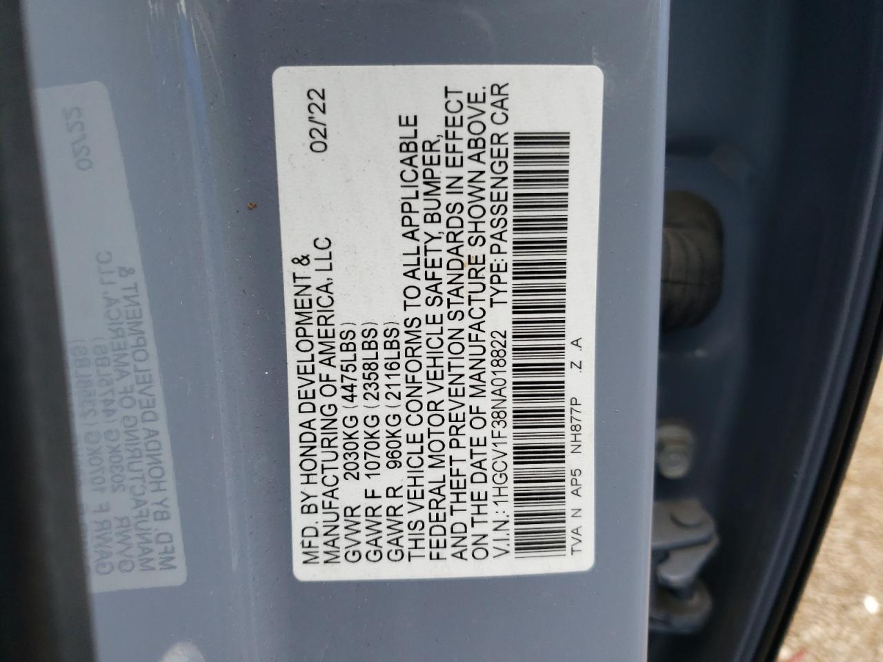 1HGCV1F38NA018822 2022 Honda Accord Sport