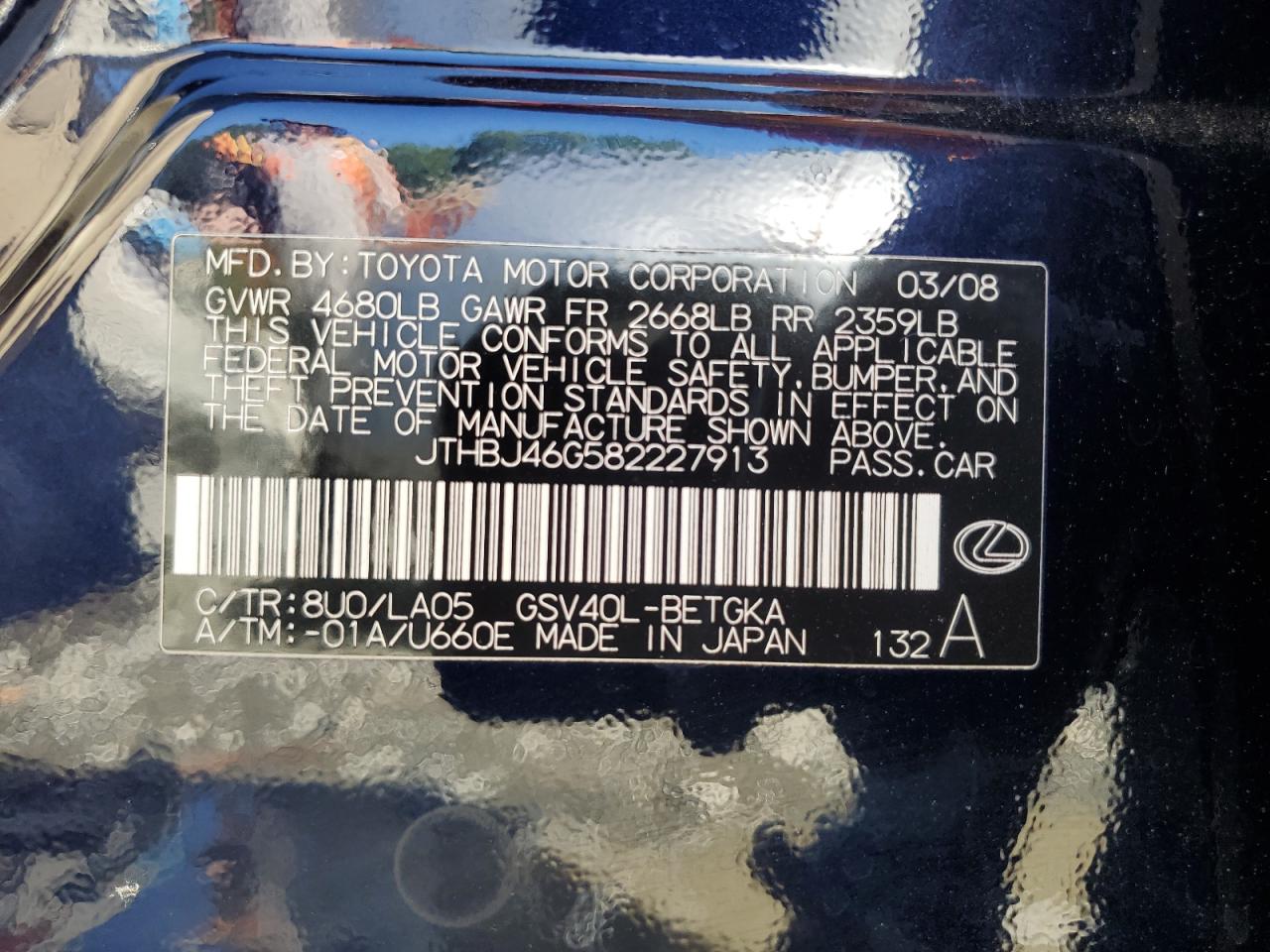 JTHBJ46G582227913 2008 Lexus Es 350