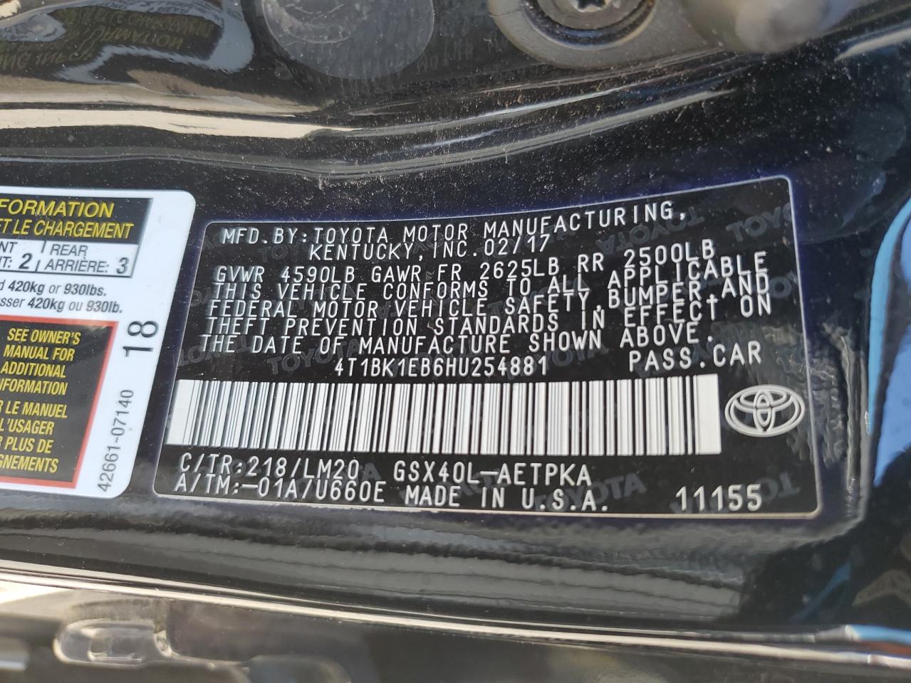 4T1BK1EB6HU254881 2017 Toyota Avalon Xle