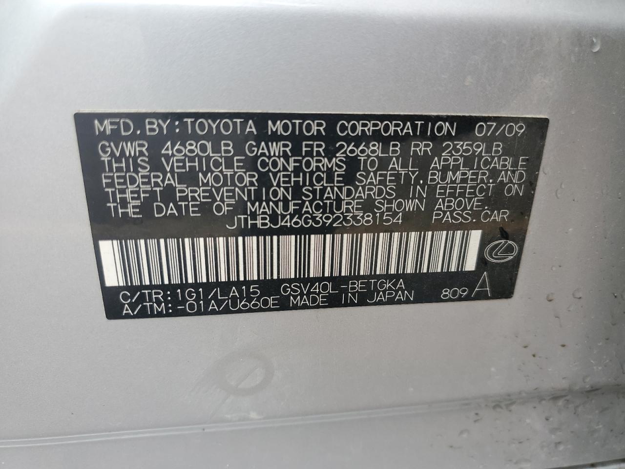 JTHBJ46G392338154 2009 Lexus Es 350