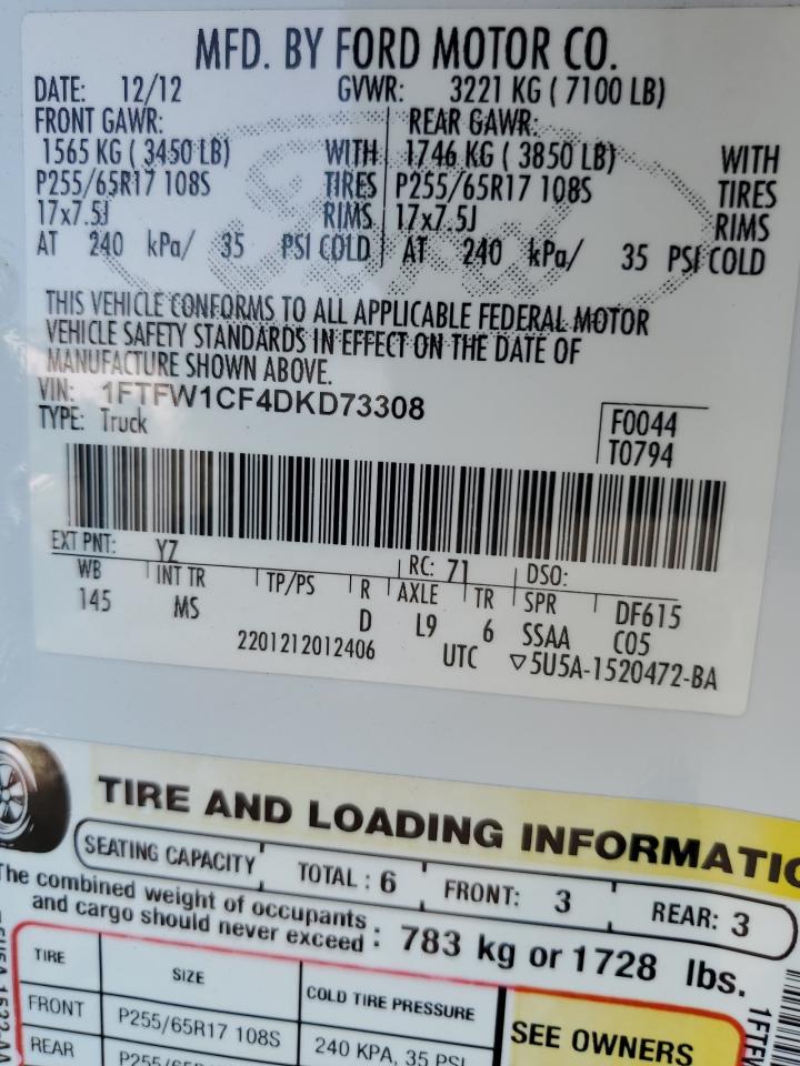 1FTFW1CF4DKD73308 2013 Ford F150 Supercrew