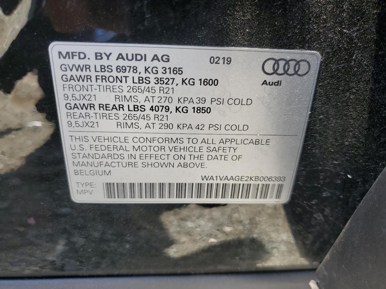 WA1VAAGE2KB006393 2019 Audi E-Tron Prestige